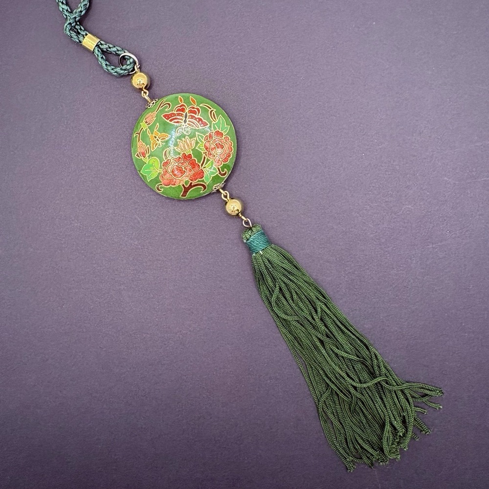 Vintage Cloisonné Floral Butterfly Green‎ Enamel Tassel Corded Necklace 31"